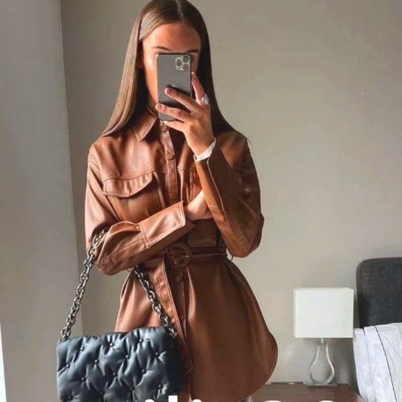 ZARA NWT BRANDY BELTED FAUX LEATHER SHIRT Bloggers - Picture 3 of 16